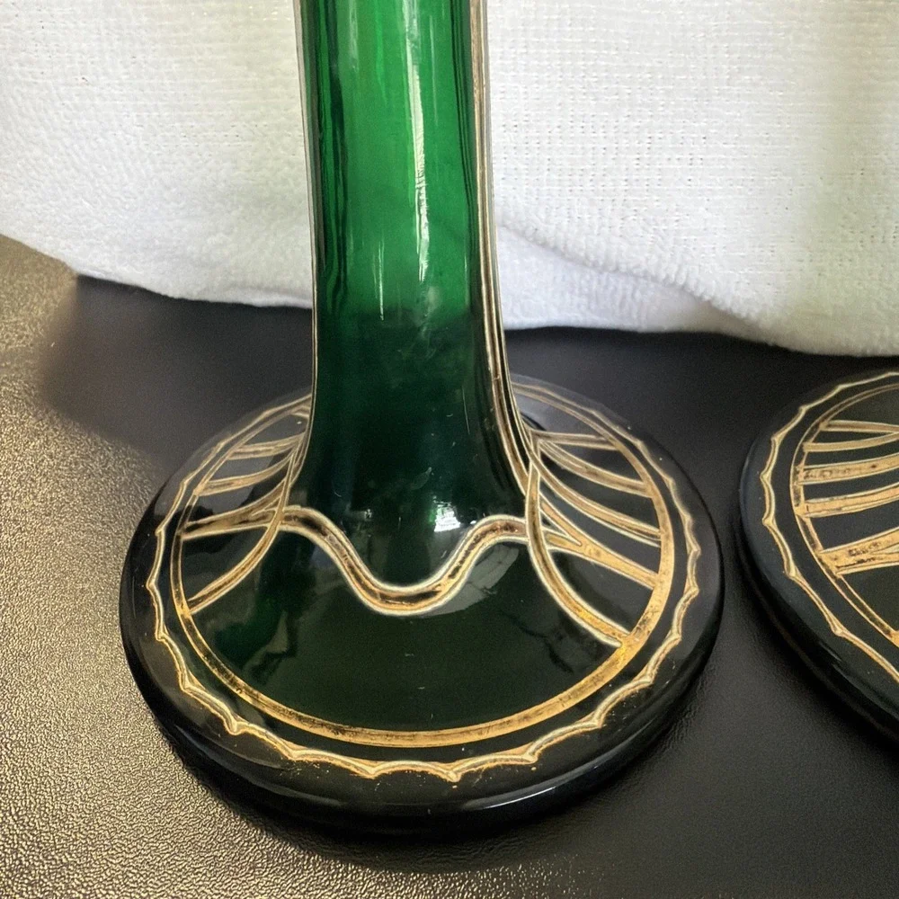 Vtg Art Nouveau Jugendstil Gold Gilded Green Satin Glass Vases 2 Ea Circa 1900s‎